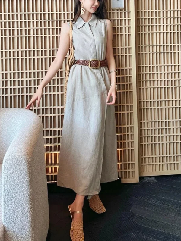 Solid Spliced Belt Slimming Sleeveless High Waist Temperament Long Dress - Image 6