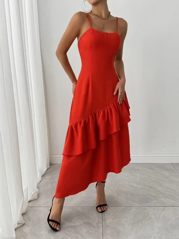 Solid Spliced Ruffles Square Neck Sleeveless High Waist Temperament Dress