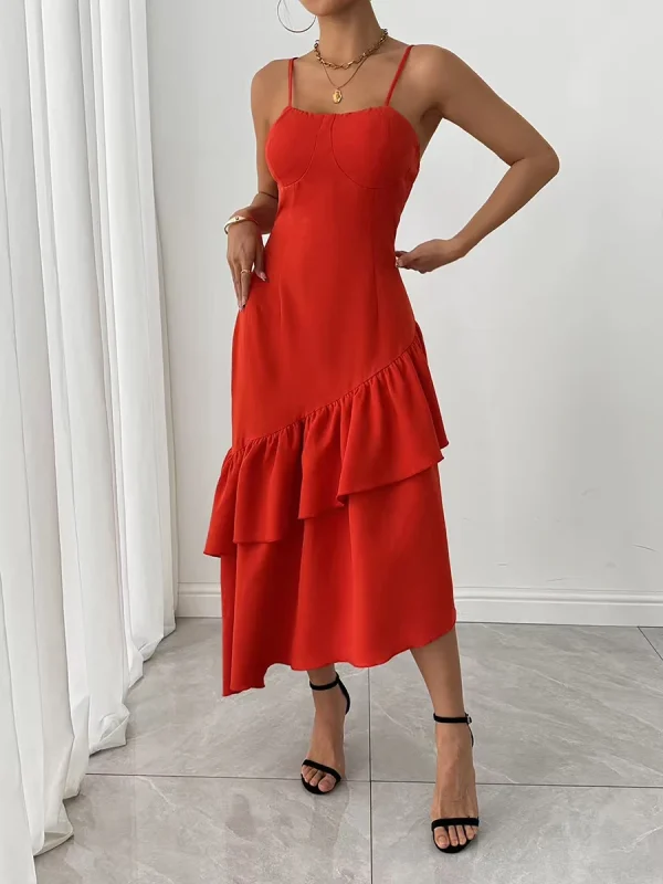 Solid Spliced Ruffles Square Neck Sleeveless High Waist Temperament Dress - Image 2