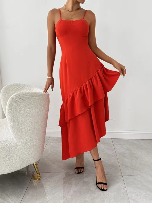 Solid Spliced Ruffles Square Neck Sleeveless High Waist Temperament Dress - Image 3