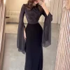 Solid Spliced Satin O Neck Slim Hip Long Batwing Sleeve Hollow Evening Bodycon Dress - Image 14