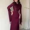 Solid Spliced Satin O Neck Slim Hip Long Batwing Sleeve Hollow Evening Bodycon Dress - Image 7