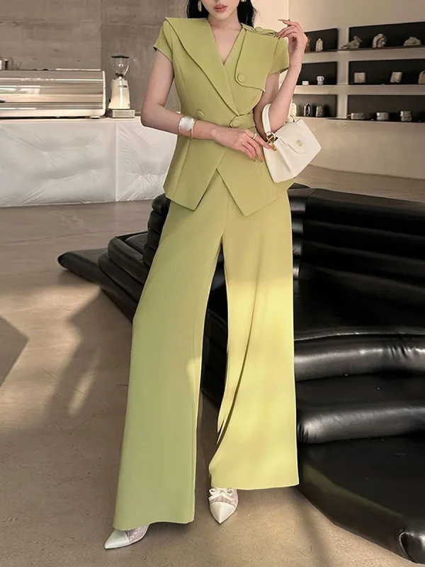 Solid V Neck Short Sleeve Tunic Top High Waist Pant Two Piece Set
