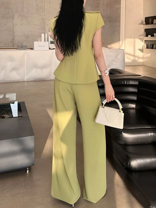 Solid V Neck Short Sleeve Tunic Top High Waist Pant Two Piece Set - Image 4