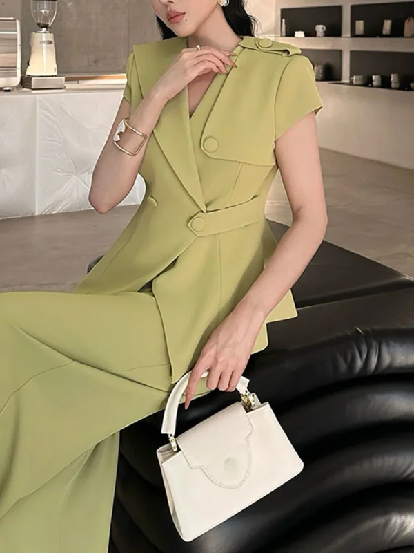 Solid V Neck Short Sleeve Tunic Top High Waist Pant Two Piece Set - Image 3