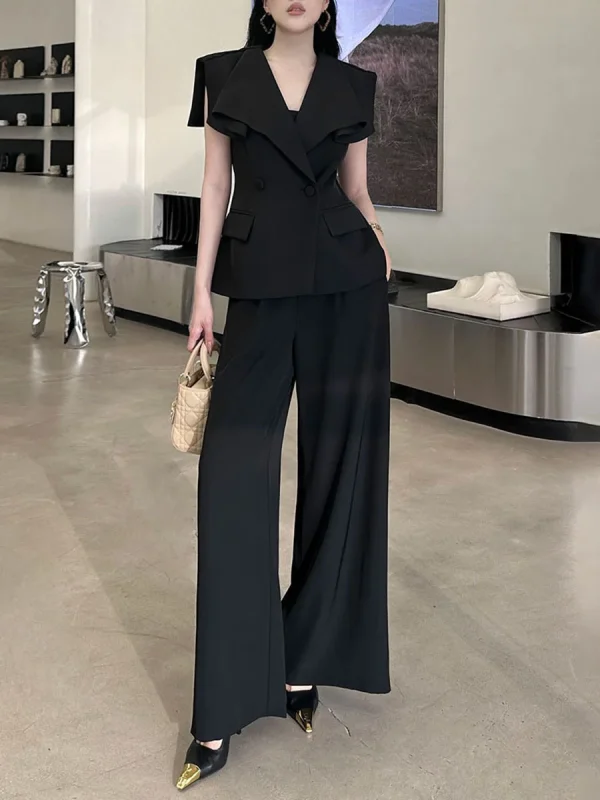 Solid V Neck Short Sleeve Tunic Top High Waist Pant Two Piece Set - Image 5