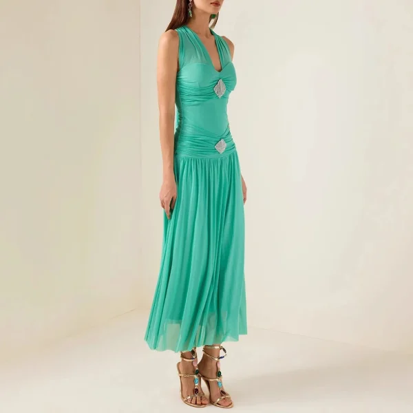 Solid V Neck Sleeveless High Waist Temperament Long Dress - Image 2