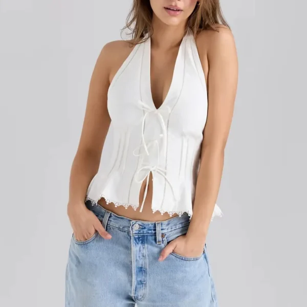 Solid V Neck Sleeveless Tunic Temperament Spliced Lace Up Top - Image 2