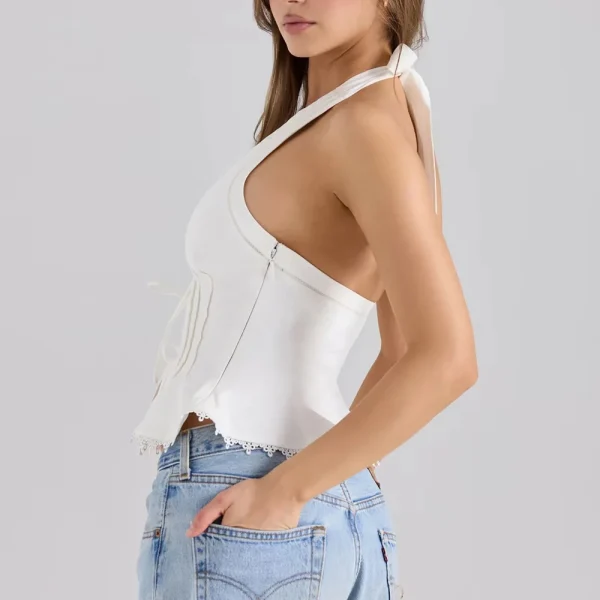 Solid V Neck Sleeveless Tunic Temperament Spliced Lace Up Top - Image 4