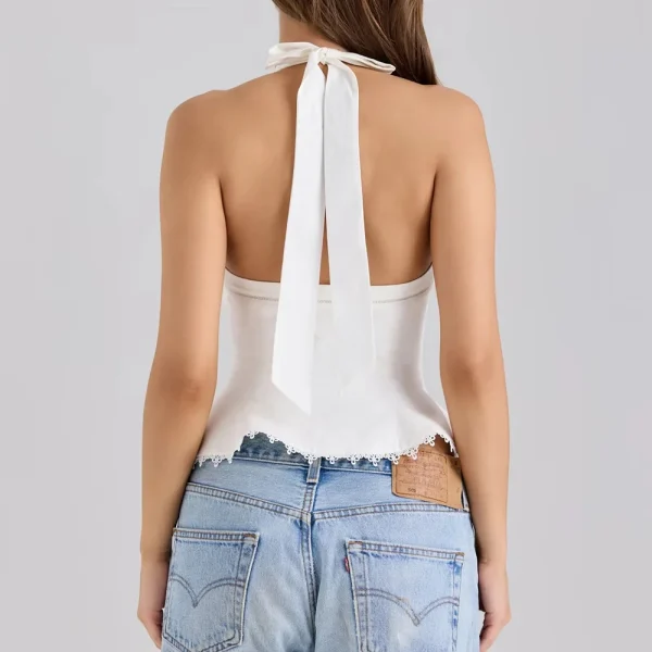 Solid V Neck Sleeveless Tunic Temperament Spliced Lace Up Top - Image 5
