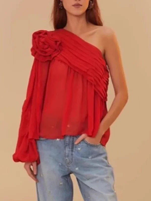 Spliced Appliques Slanted Collar Single Shoulder Sleeves Blouses Shirts - Image 3