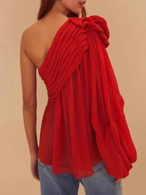 Spliced Appliques Slanted Collar Single Shoulder Sleeves Blouses Shirts - Image 4
