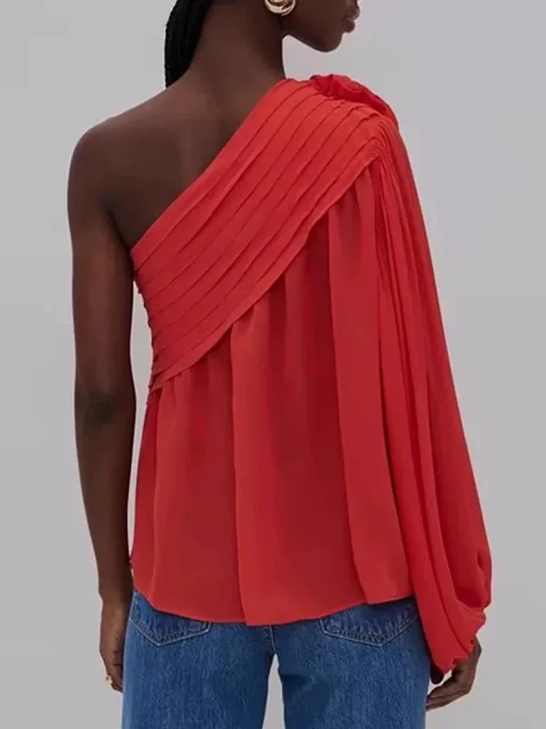 Spliced Appliques Slanted Collar Single Shoulder Sleeves Blouses Shirts - Image 2