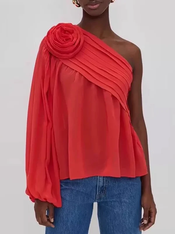 Spliced Appliques Slanted Collar Single Shoulder Sleeves Blouses Shirts