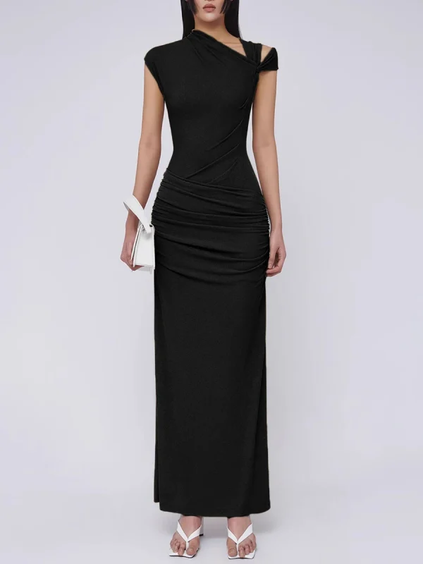 Spliced Folds Diagonal Collar Sleeveless High Waist Temperament Long Dress - Image 8