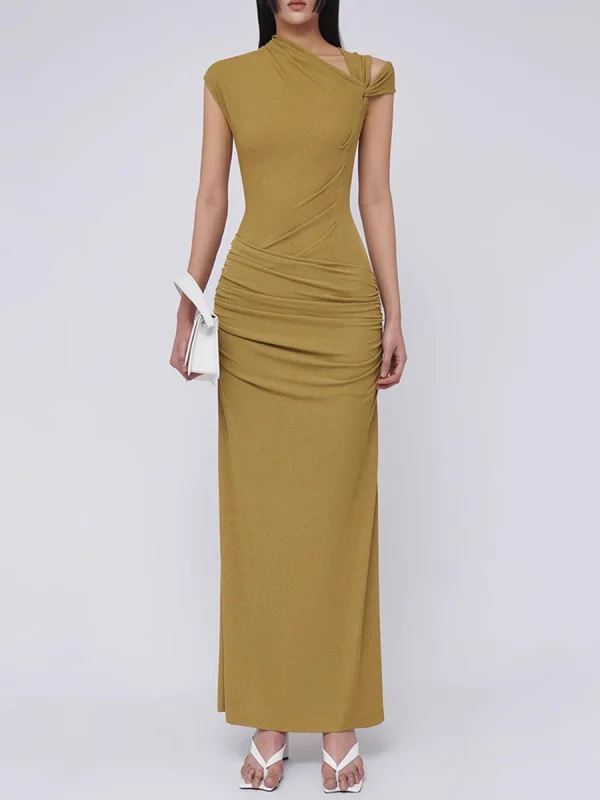 Spliced Folds Diagonal Collar Sleeveless High Waist Temperament Long Dress - Image 5