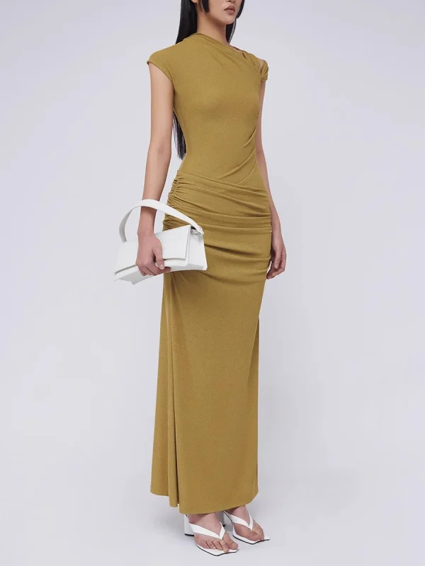 Spliced Folds Diagonal Collar Sleeveless High Waist Temperament Long Dress - Image 6