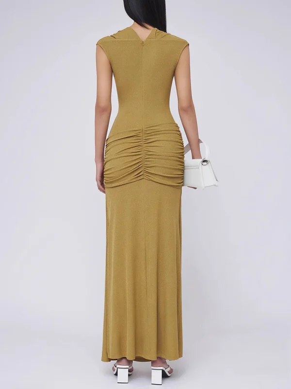 Spliced Folds Diagonal Collar Sleeveless High Waist Temperament Long Dress - Image 7