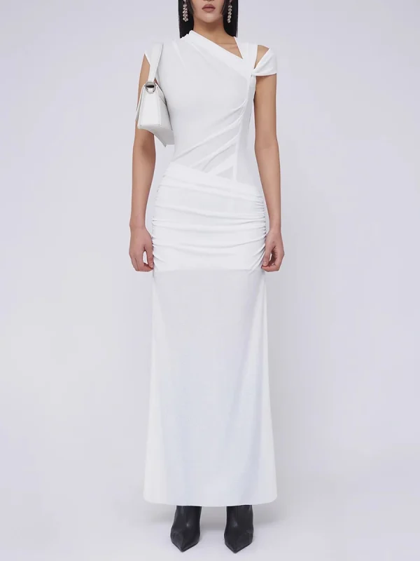 Spliced Folds Diagonal Collar Sleeveless High Waist Temperament Long Dress