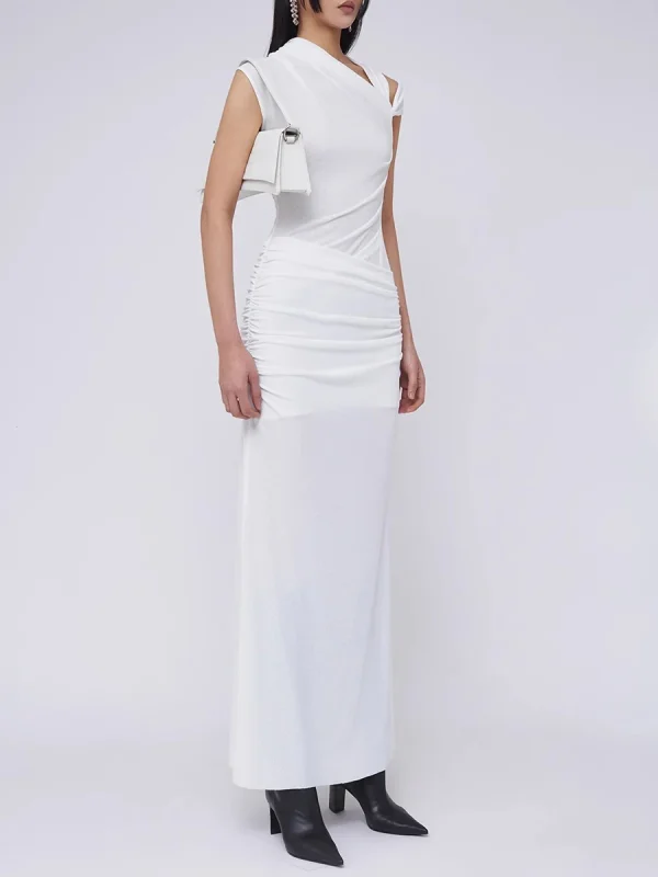 Spliced Folds Diagonal Collar Sleeveless High Waist Temperament Long Dress - Image 2