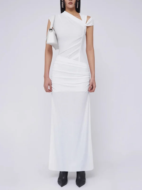 Spliced Folds Diagonal Collar Sleeveless High Waist Temperament Long Dress - Image 3