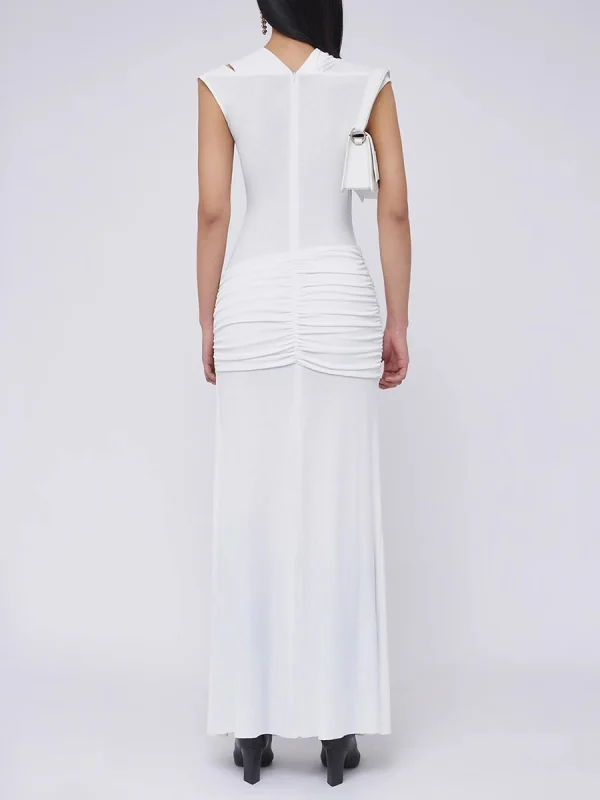 Spliced Folds Diagonal Collar Sleeveless High Waist Temperament Long Dress - Image 4