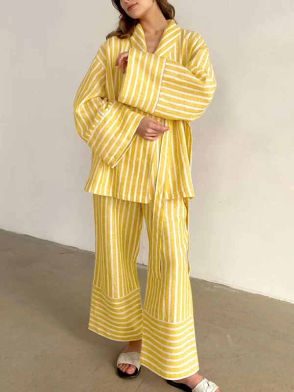 Spliced Lace Up Two Piece Set Lapel Long Sleeve Top High Waist Pants Loose Sets - Image 3