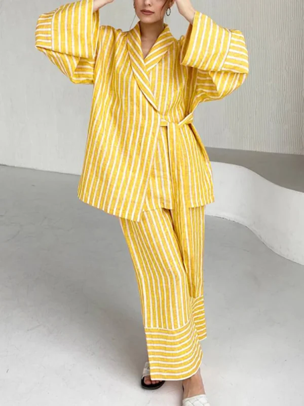 Spliced Lace Up Two Piece Set Lapel Long Sleeve Top High Waist Pants Loose Sets - Image 4