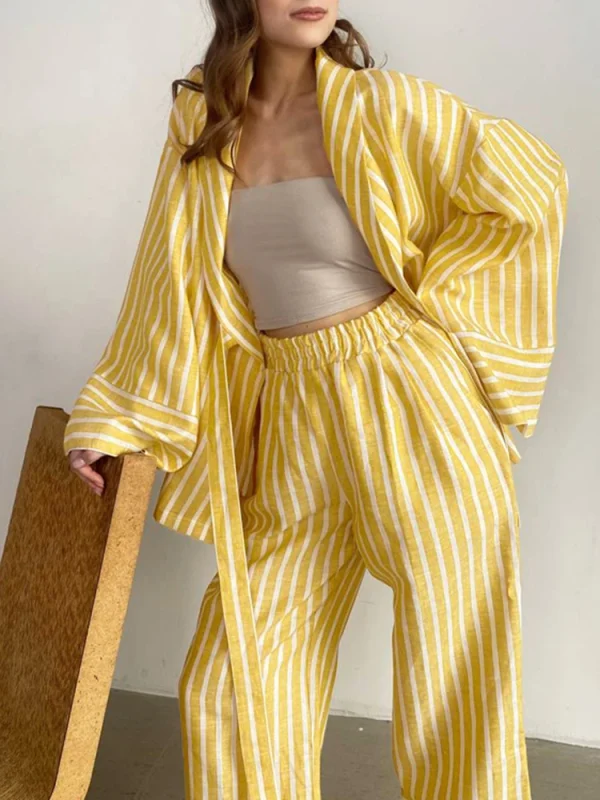 Spliced Lace Up Two Piece Set Lapel Long Sleeve Top High Waist Pants Loose Sets - Image 5