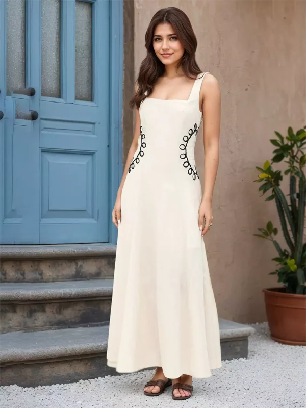 Elegant Square Neckline And Black Embroidery Maxi Dress - Image 5