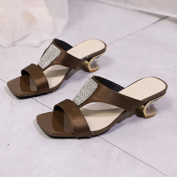 Square Toe Clear Low Crystal Decoration Thick Heeled Heels Sandals - Image 6