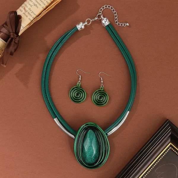 Trendy Crystal Oval Shape PV Two Layer Necklace Earrings Statement Jewelry Sets - Image 2