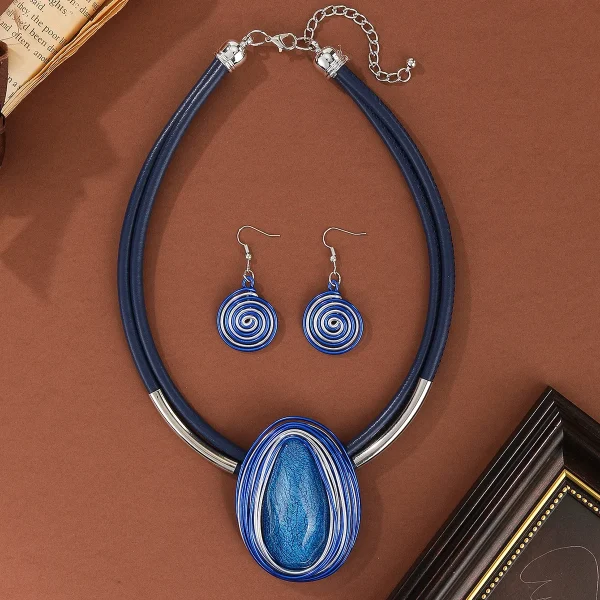 Trendy Crystal Oval Shape PV Two Layer Necklace Earrings Statement Jewelry Sets - Image 6