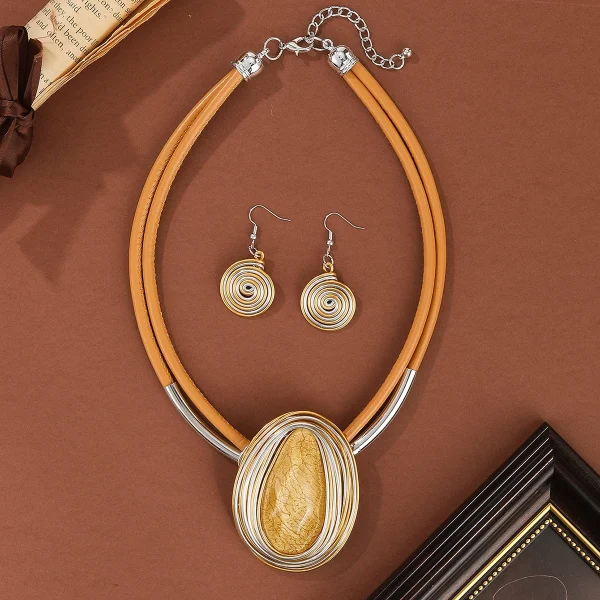 Trendy Crystal Oval Shape PV Two Layer Necklace Earrings Statement Jewelry Sets - Image 5