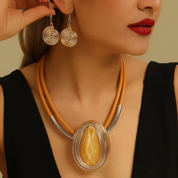 Trendy Crystal Oval Shape PV Two Layer Necklace Earrings Statement Jewelry Sets