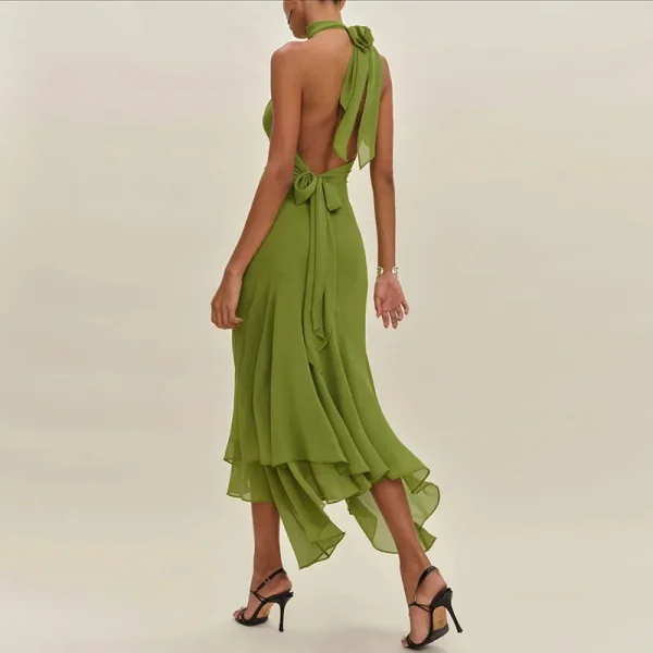Trendy Elegant Tie-up Ruffle Irregular Pure Slim Fit Long Dress - Image 2
