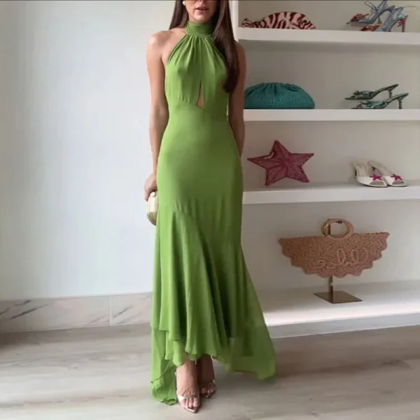 Trendy Elegant Tie-up Ruffle Irregular Pure Slim Fit Long Dress - Image 3