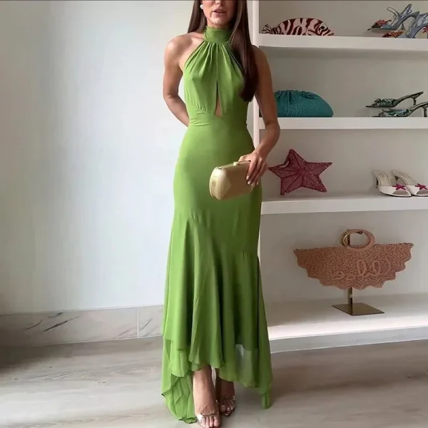 Trendy Elegant Tie-up Ruffle Irregular Pure Slim Fit Long Dress - Image 4