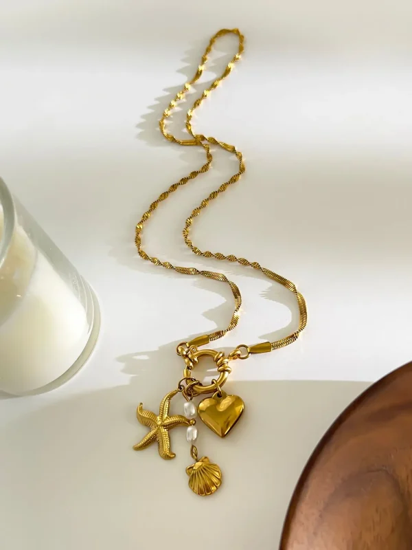 Trendy Imitation Pearl Flat Snake Chain Stainless Steel Chunky Heart Starfish Shell Pendant Necklace - Image 2