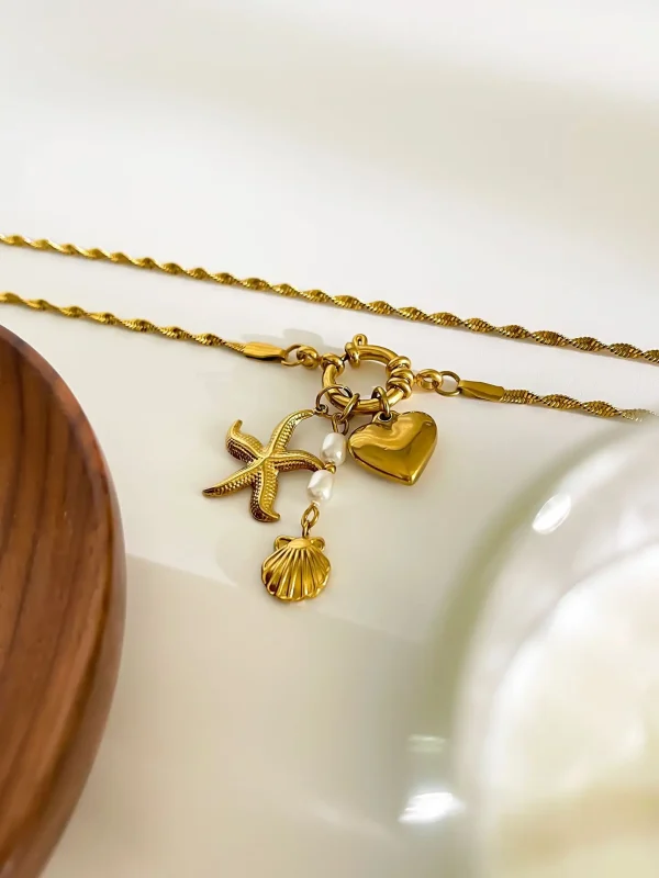 Trendy Imitation Pearl Flat Snake Chain Stainless Steel Chunky Heart Starfish Shell Pendant Necklace - Image 3