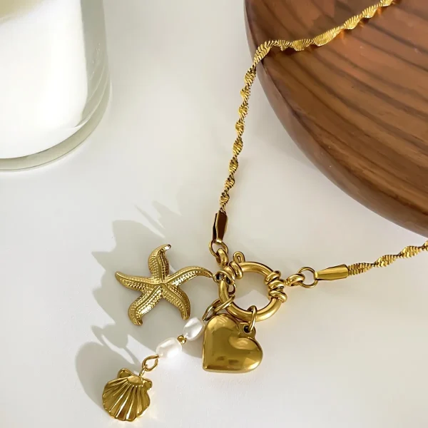 Trendy Imitation Pearl Flat Snake Chain Stainless Steel Chunky Heart Starfish Shell Pendant Necklace - Image 4