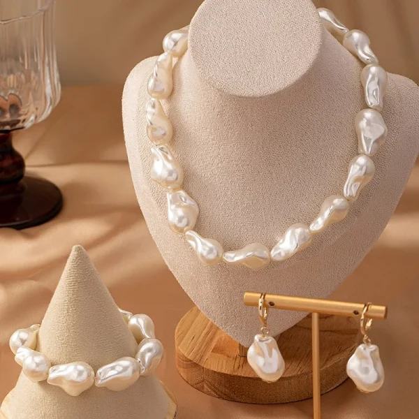 Trendy Iron Alloy Round Shape Chain Pearl Necklace Bracelet Earrings Jewelry Set - Image 2
