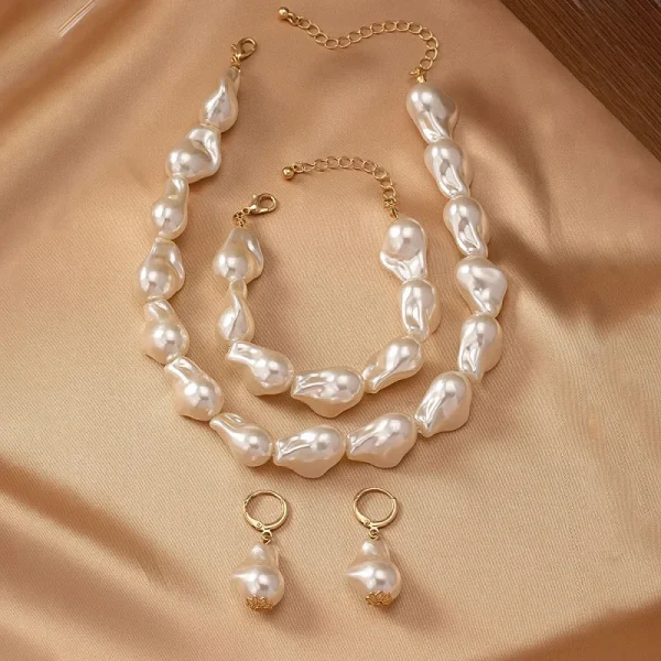 Trendy Iron Alloy Round Shape Chain Pearl Necklace Bracelet Earrings Jewelry Set - Image 3