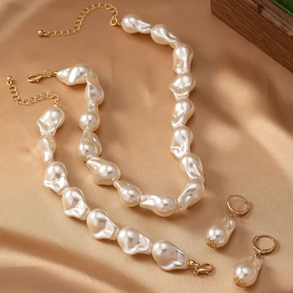 Trendy Iron Alloy Round Shape Chain Pearl Necklace Bracelet Earrings Jewelry Set - Image 4