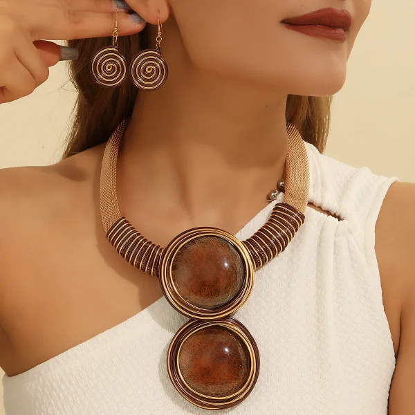 Trendy Round Geometry Aluminium Wire Necklace Earrings Jewelry Set - Image 3