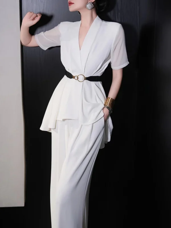 V Neck Short Sleeve Spliced Belt Coat High Waist Pant Sets - Image 9