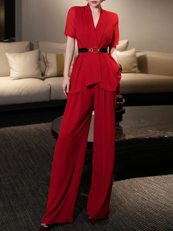 V Neck Short Sleeve Spliced Belt Coat High Waist Pant Sets