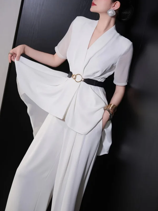V Neck Short Sleeve Spliced Belt Coat High Waist Pant Sets - Image 10