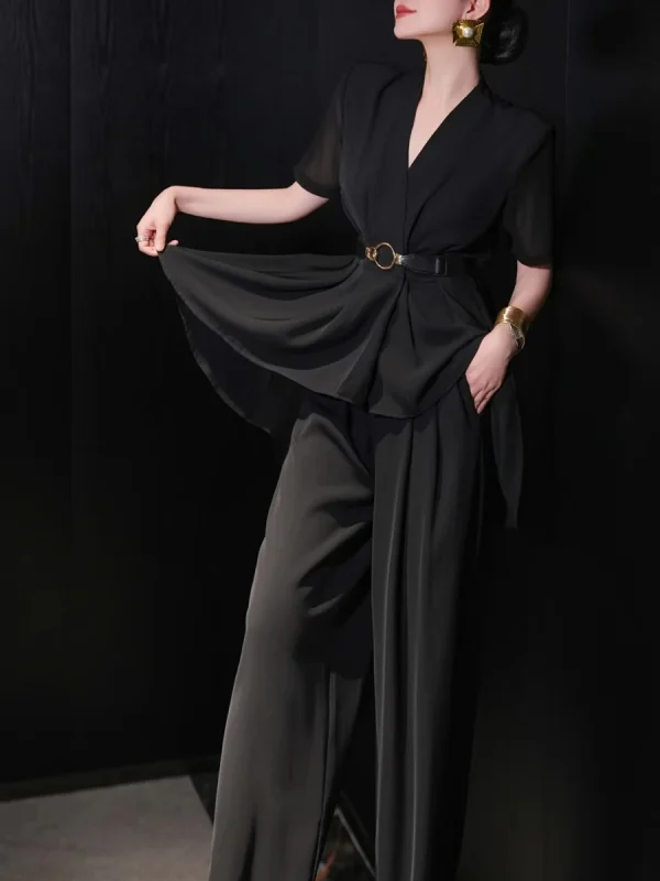 V Neck Short Sleeve Spliced Belt Coat High Waist Pant Sets - Image 8