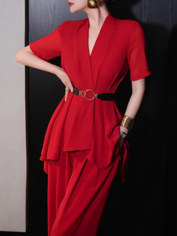 V Neck Short Sleeve Spliced Belt Coat High Waist Pant Sets - Image 2